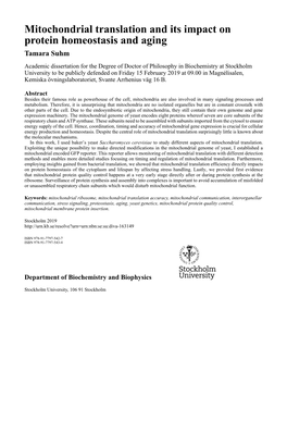 Mitochondrial Translation and Its Impact on Protein Homeostasis And