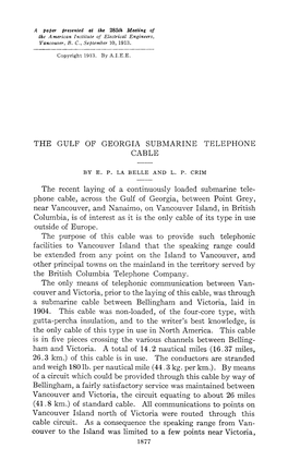 The Gulf of Georgia Submarine Telephone Cable