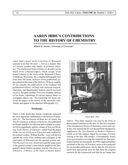 Aaron Ihde's Contributions to the History of Chemistry