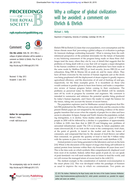 Why a Collapse of Global Civilization Will Be Avoided: a Comment on Ehrlich & Ehrlich Rspb.Royalsocietypublishing.Org Michael J