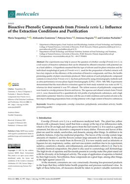 Bioactive Phenolic Compounds from Primula Veris L.: Inﬂuence of the Extraction Conditions and Puriﬁcation