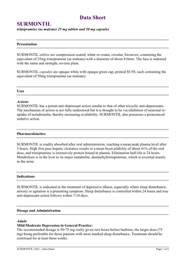 Data Sheet SURMONTIL Trimipramine (As Maleate) 25 Mg Tablets and 50 Mg Capsules