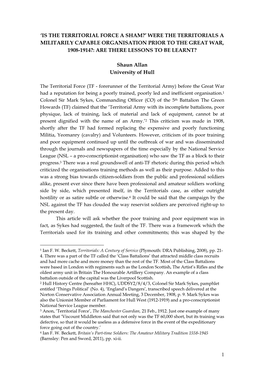 Is the Territorial Force a Sham?’ Were the Territorials a Militarily Capable Organisation Prior to the Great War, 1908-1914?: Are There Lessons to Be Learnt?