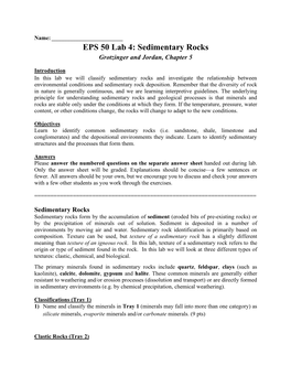 EPS 50 Lab 4: Sedimentary Rocks Grotzinger and Jordan, Chapter 5