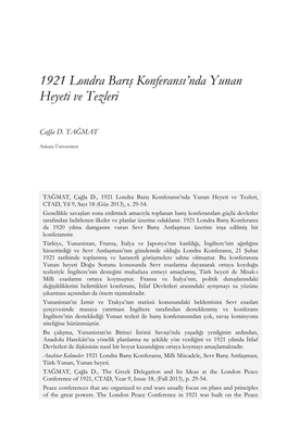 1921 Londra Barış Konferansı'nda Yunan Heyeti Ve Tezleri