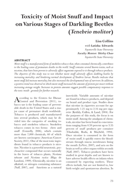 Toxicity of Moist Snuff and Impact on Various Stages of Darkling Beetles (Tenebrio Molitor)