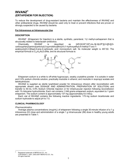 Invanz® (Ertapenem for Injection)