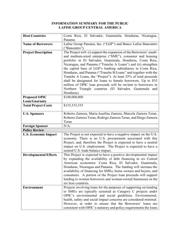 Costa Rica, El Salvador, Guatemala, Honduras, Nicaragua, Panama Name of Borrowers Lafise Group Panama, Inc