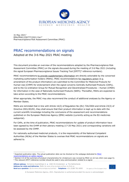 PRAC Recommendations on Signals Adopted at the 3-6 May 2021 PRAC Meeting