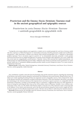 Praetorium and the Emona–Siscia–Sirmium–Tauruno Road in the Ancient Geographical and Epigraphic Sources