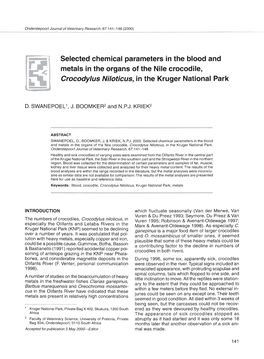 Selected Chemical Parameters in the Blood and Metals in the Organs of the Nile Crocodile, Crocodylus Niloticus, in the Kruger National Park