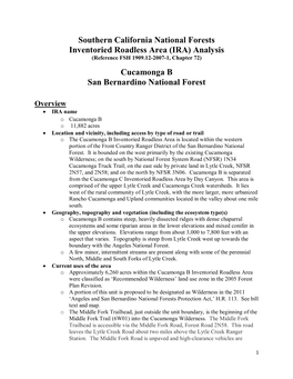 Southern California National Forests Inventoried Roadless Area (IRA) Analysis (Reference FSH 1909.12-2007-1, Chapter 72) Cucamonga B San Bernardino National Forest