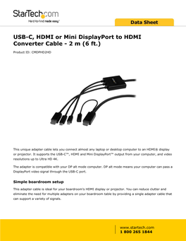 USB-C, HDMI Or Mini Displayport to HDMI Converter Cable - 2 M (6 Ft.)