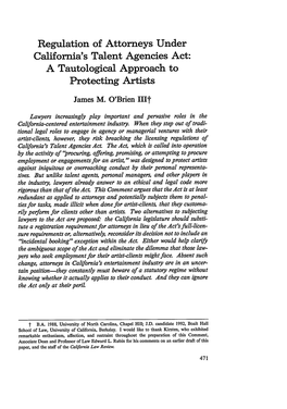 Regulation of Attorneys Under California's Talent Agencies Act: a Tautological Approach to Protecting Artists