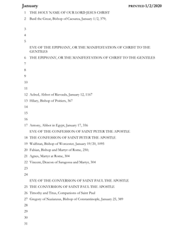 January PRINTED 1/2/2020 1 the HOLY NAME of OUR LORD JESUS CHRIST 2 Basil the Great, Bishop of Caesarea, January 1/2, 379;