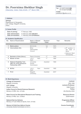 Dr. Poornima Shekhar Singh Tel : +91-9973155032(M) Citizenship : Indian ▪ Date of Birth : 11Th March 1958 +91-6122215250(R)