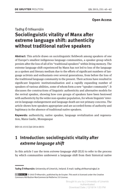 Sociolinguistic Vitality of Manx After Extreme Language Shift: Authenticity Without Traditional Native Speakers