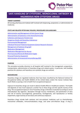 Safe Handling of Cytotoxic, Monoclonal Antibody & Hazardous Non-Cytotoxic Drugs