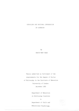 SCHOOLING and NATIONAL INTEGRATION in CAMEROON by GRACE MARY ELAD Thesis Submitted in Fulfilment of the Requirements for The