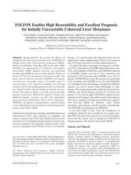 FOLFOX Enables High Resectability and Excellent Prognosis for Initially Unresectable Colorectal Liver Metastases