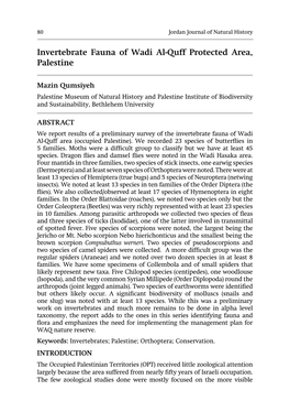 Invertebrate Fauna of Wadi Al-Quff Protected Area, Palestine