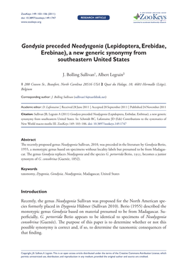 Gondysia Preceded Neadysgonia (Lepidoptera, Erebidae, Erebinae), a New Generic Synonymy from Southeastern United States