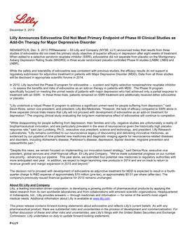 Lilly Announces Edivoxetine Did Not Meet Primary Endpoint of Phase III Clinical Studies As Add-On Therapy for Major Depressive Disorder