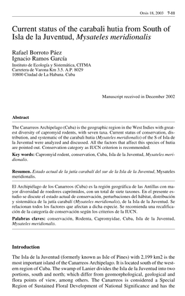 Current Status of the Carabali Hutia from South of Isla De La Juventud, Mysateles Meridionalis