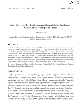 (Coleoptera: Hydrophilidae) Provinces of Central Black Sea Region of Turkey