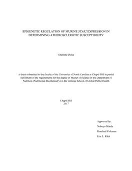 Epigenetic Regulation of Murine Stab2 Expression in Determining Atherosclerotic Susceptibility