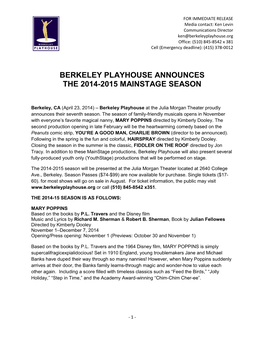 Berkeley Playhouse Announces the 2014-2015 Mainstage Season