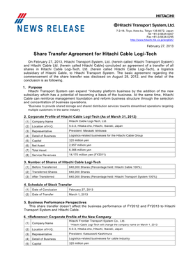 Share Transfer Agreement for Hitachi Cable Logi-Tech