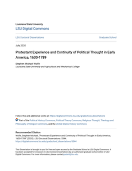 Protestant Experience and Continuity of Political Thought in Early America, 1630-1789