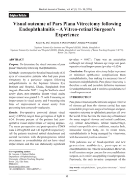 Visual Outcome of Pars Plana Vitrectomy Following Endophthalmitis – a Vitreo-Retinal Surgeon's Experience