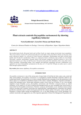 Plant Extracts Controls Oryzaephilus Surinamensis by Showing Repellency Behavior