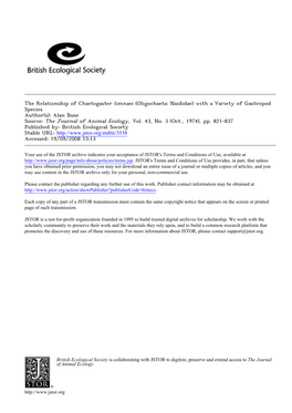 The Relationship of Chaetogaster Limnaei (Oligochaeta: Naididae) with a Variety of Gastropod Species Author(S): Alan Buse Source: the Journal of Animal Ecology, Vol