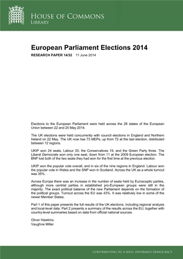 European Parliament Elections 2014 RESEARCH PAPER 14/32 11 June 2014