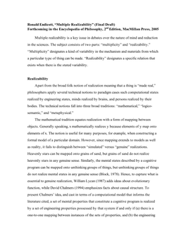 Ronald Endicott, “Multiple Realizability” (Final Draft) Forthcoming in the Encyclopedia of Philosophy, 2Nd Edition, Macmillan Press, 2005