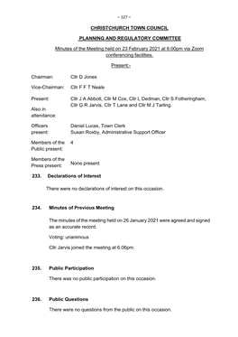 CHRISTCHURCH TOWN COUNCIL PLANNING and REGULATORY COMMITTEE Minutes of the Meeting Held on 23 February 2021 at 6.00Pm Via Zoom C