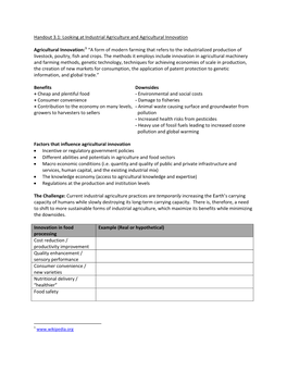 Handout 3.1: Looking at Industrial Agriculture and Agricultural Innovation