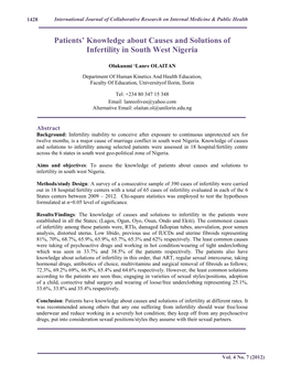 Patients' Knowledge About Causes and Solutions of Infertility in South