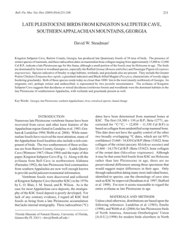 Late Pleistocene Birds from Kingston Saltpeter Cave, Southern Appalachian Mountains, Georgia