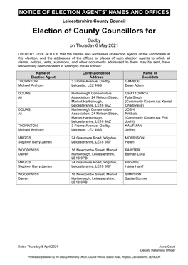 Election of County Councillors to Leicestershire County Council