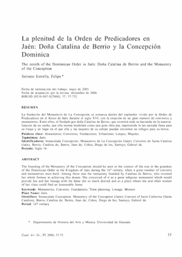 La Plenitud De La Orden De Predicadores En Jaén: Doña Catalina De Berrio Y La Concepción Dominica