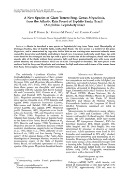 A New Species of Giant Torrent Frog, Genus Megaelosia, from the Atlantic Rain Forest of Espı´Rito Santo, Brazil (Amphibia: Leptodactylidae)