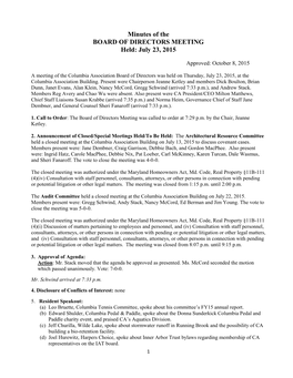 Minutes of the BOARD of DIRECTORS MEETING Held: July 23, 2015
