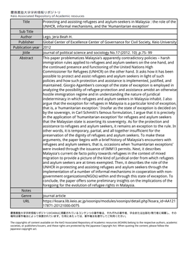 Title Protecting and Assisting Refugees and Asylum-Seekers in Malaysia