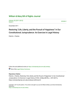 Life, Liberty, and the Pursuit of Happiness" in Our Constitutional Jurisprudence: an Exercise in Legal History