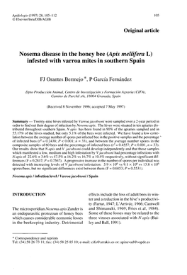 Nosema Disease in the Honey Bee (Apis Mellifera L) Infested with Varroa Mites in Southern Spain