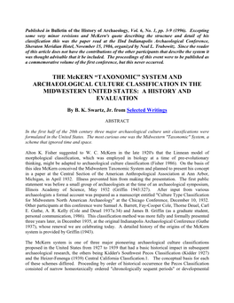 THE Mckern “TAXONOMIC” SYSTEM and ARCHAEOLOGICAL CULTURE CLASSIFICATION in the MIDWESTERN UNITED STATES: a HISTORY and EVALUATION